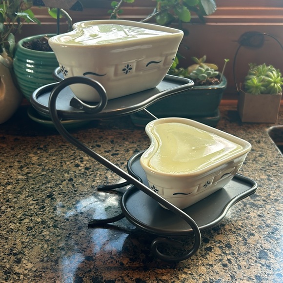 2 Longaberger Pottery Woven Traditions Heart Candles & Ramekins w/ Metal Stand - Picture 5 of 14